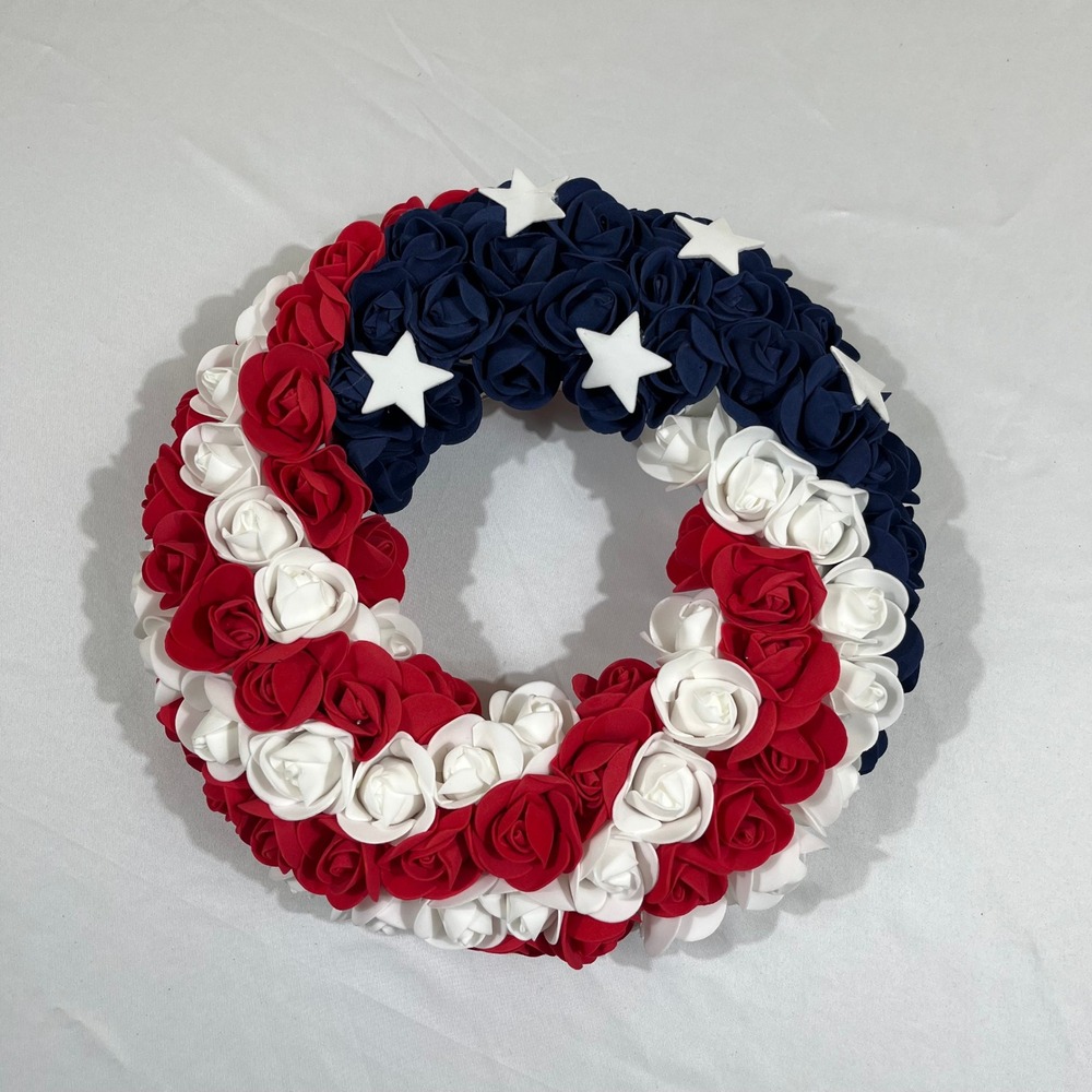 4th of July Patriotic Rose Wreath Home Decor 11.5" Red White Blue Stars Floral